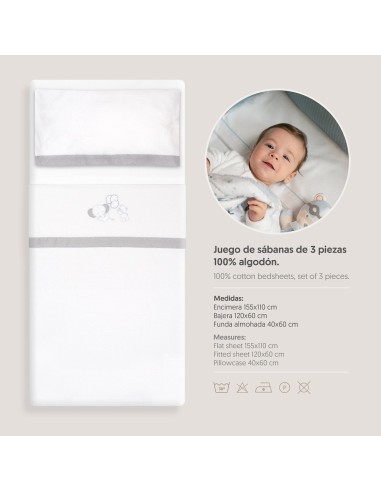 2x1 Juego de sábanas cuna franela oso elefante globos bco/gris