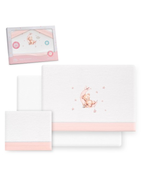 2x1 Juego de sábanas cuna franela estampado oso luna estrellas bco/rosa