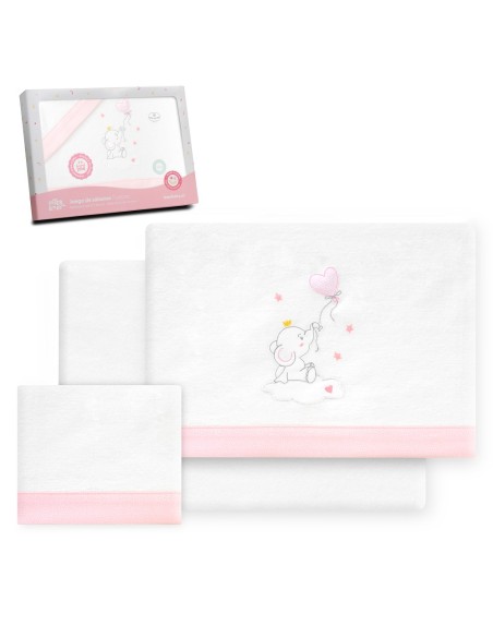 2x1 Juego de sábanas cuna franela elefante globo corazon bco/rosa