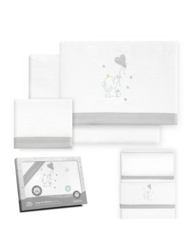 2x1 Juego de sábanas minicuna franela elefante globo corazon bco/gris