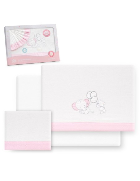 2x1 Juego de sábanas cuna franela oso elefante globos bco/rosa