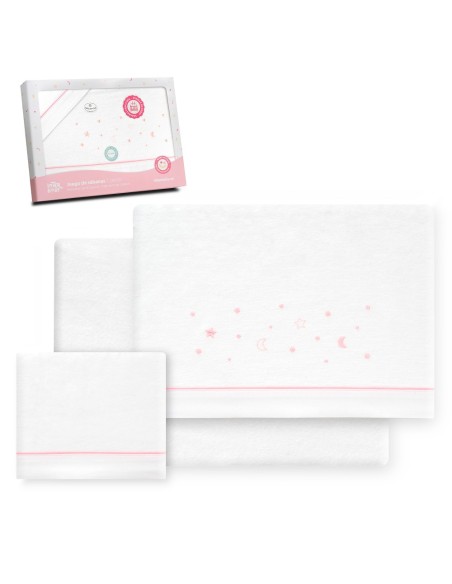2x1 Juego de sábanas cuna franela estrellas luna bco/rosa