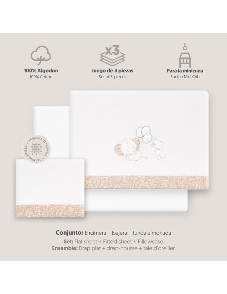 2x1 Juego de sábanas minicuna franela oso elefante globos bco/beig