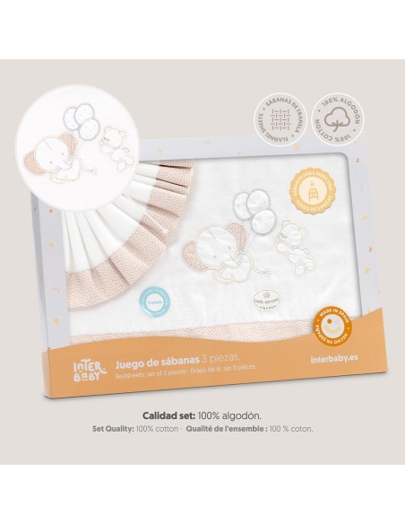 2x1 Juego de sábanas minicuna franela oso elefante globos bco/beig