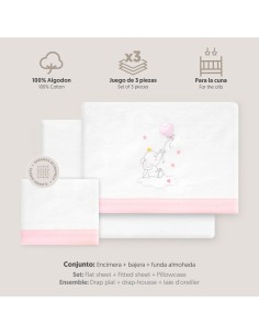 2x1 Juego de sábanas cuna franela elefante globo corazon bco/rosa 2