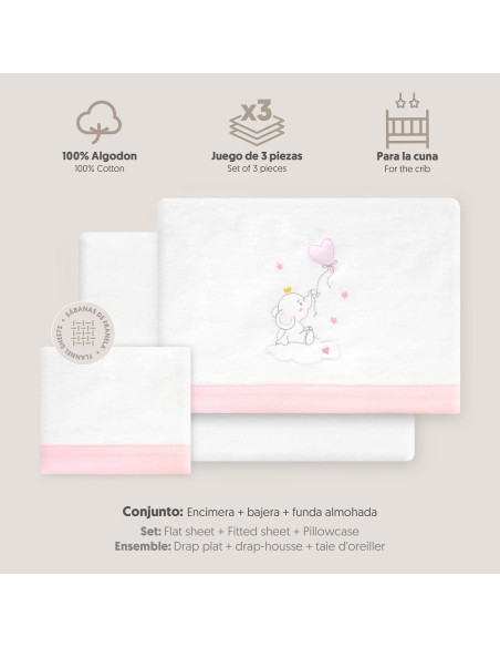 2x1 Juego de sábanas cuna franela elefante globo corazon bco/rosa