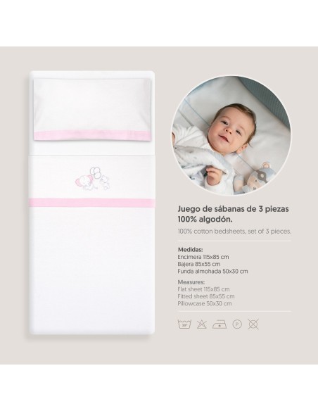 2x1 Juego de sábanas minicuna franela oso elefante globos bco/rosa