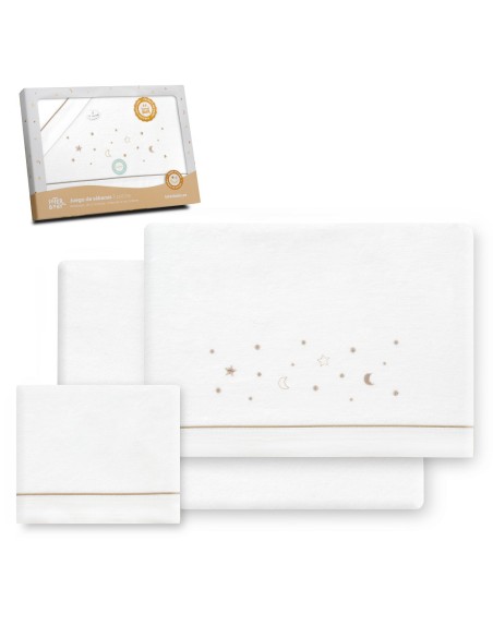 2x1 Juego de sábanas cuna franela estrellas luna bco/beig