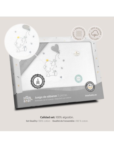 2x1 Juego de sábanas minicuna franela elefante globo corazon bco/gris