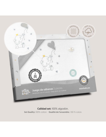 2x1 Juego de sábanas minicuna franela elefante globo corazon bco/gris