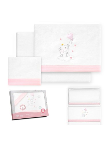 2x1 Juego de sábanas minicuna franela elefante globo corazon bco/rosa