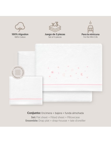 2x1 Juego de sábanas minicuna franela estrellas luna bco/rosa