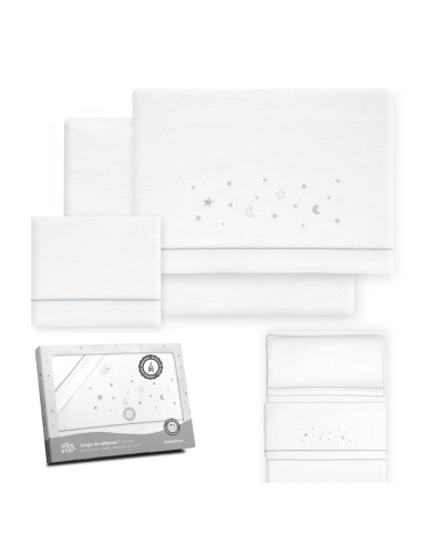 2x1 Juego de sábanas minicuna franela estrellas luna bco/gris