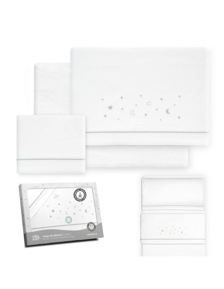 2x1 Juego de sábanas minicuna franela estrellas luna bco/gris