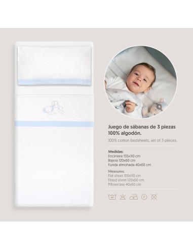 2x1 Juego de sábanas cuna franela oso elefante globos bco/azul