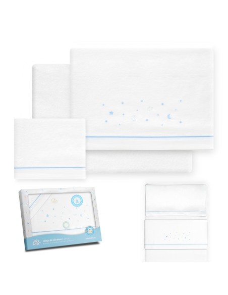 2x1 Juego de sábanas minicuna franela estrellas luna bco/azul