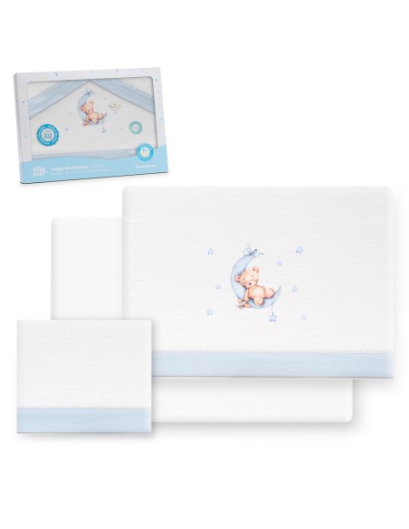 2x1 Juego de sábanas cuna franela estampado oso luna estrellas bco/azul