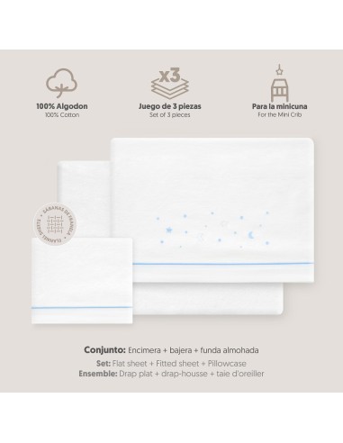 2x1 Juego de sábanas minicuna franela estrellas luna bco/azul