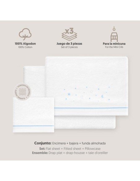 2x1 Juego de sábanas minicuna franela estrellas luna bco/azul