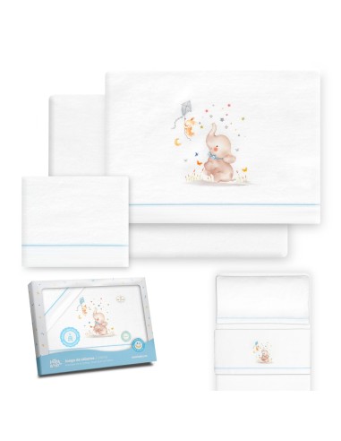 2x1 Juego de sábanas minicuna franela  mod elefante bco/azul