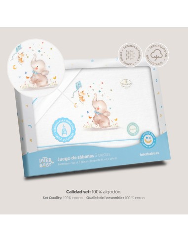 2x1 Juego de sábanas minicuna franela  mod elefante bco/azul
