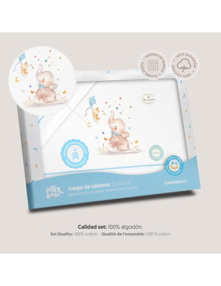 2x1 Juego de sábanas minicuna franela  mod elefante bco/azul