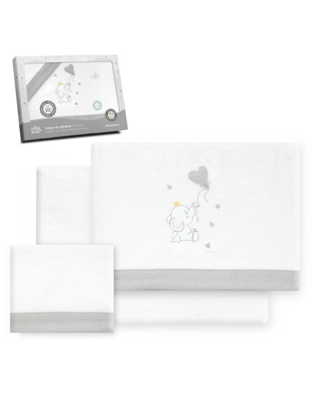 2x1 Juego de sábanas cuna franela elefante globo corazon bco/gris