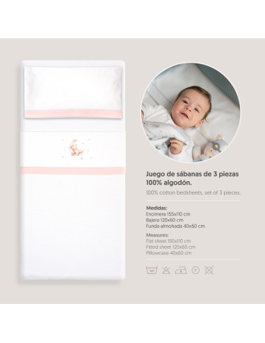 2x1 Juego de sábanas cuna franela estampado oso luna estrellas bco/rosa