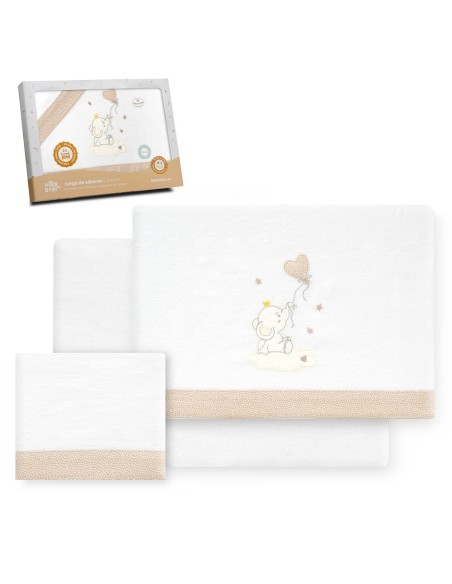 2x1 Juego de sábanas cuna franela elefante globo corazon bco/beig