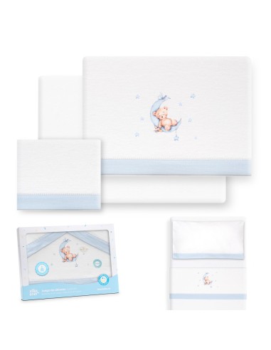 2x1 Juego de sábanas minicuna franela estampado oso luna estrellas bco/azul