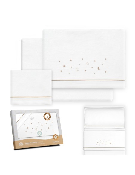 2x1 Juego de sábanas minicuna franela estrellas luna bco/beig