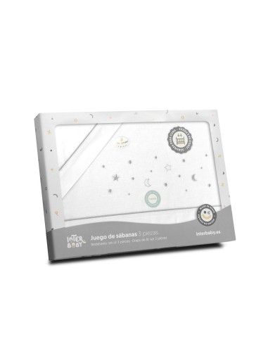 2x1 Juego de sábanas minicuna franela estrellas luna bco/gris