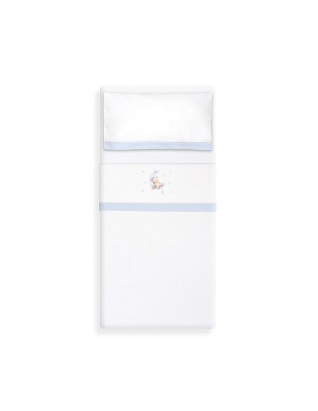 2x1 Juego de sábanas minicuna franela estampado oso luna estrellas bco/azul