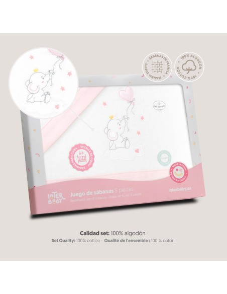 2x1 Juego de sábanas cuna franela elefante globo corazon bco/rosa