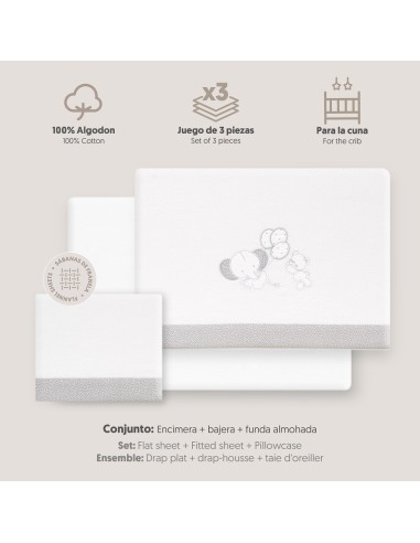 2x1 Juego de sábanas cuna franela oso elefante globos bco/gris