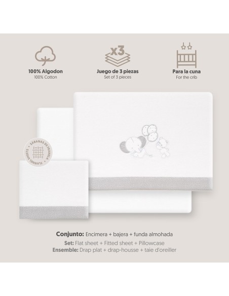 2x1 Juego de sábanas cuna franela oso elefante globos bco/gris