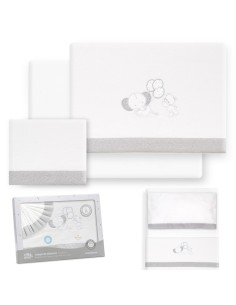 2x1 Juego de sábanas minicuna franela oso elefante globos bco/gris