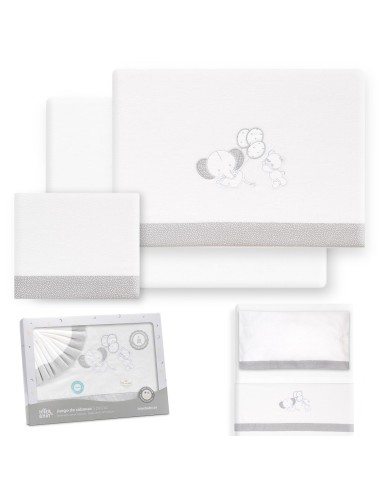 2x1 Juego de sábanas minicuna franela oso elefante globos bco/gris