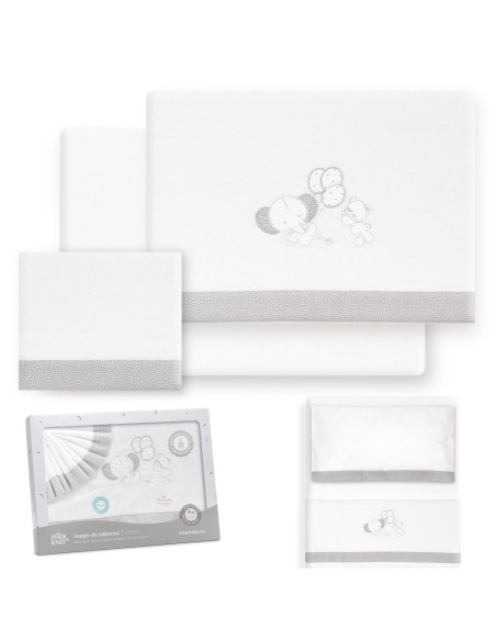 2x1 Juego de sábanas minicuna franela oso elefante globos bco/gris