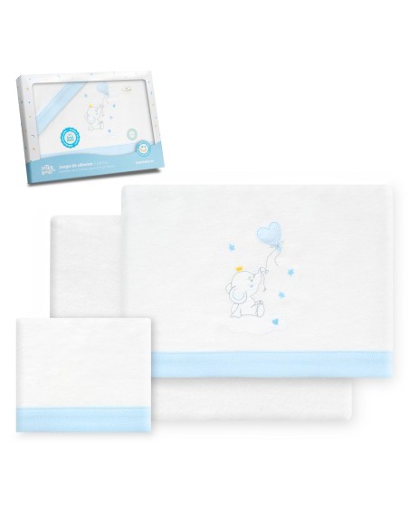 2x1 Juego de sábanas cuna franela elefante globo corazon bco/azul