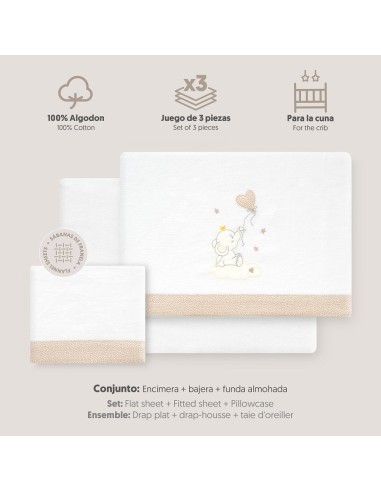 2x1 Juego de sábanas cuna franela elefante globo corazon bco/beig