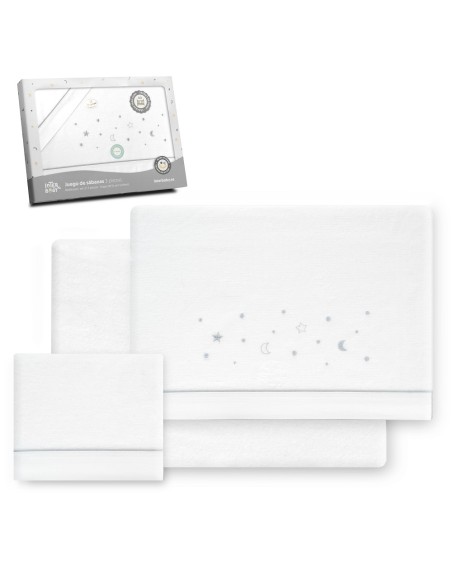 2x1 Juego de sábanas cuna franela estrellas luna bco/gris