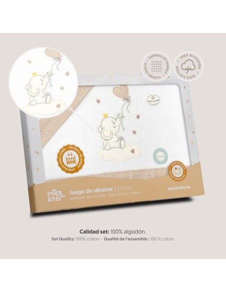 2x1 Juego de sábanas cuna franela elefante globo corazon bco/beig