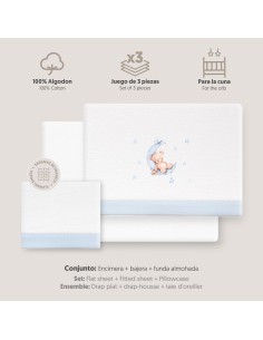 2x1 Juego de sábanas cuna franela estampado oso luna estrellas bco/azul 2