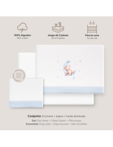 2x1 Juego de sábanas cuna franela estampado oso luna estrellas bco/azul