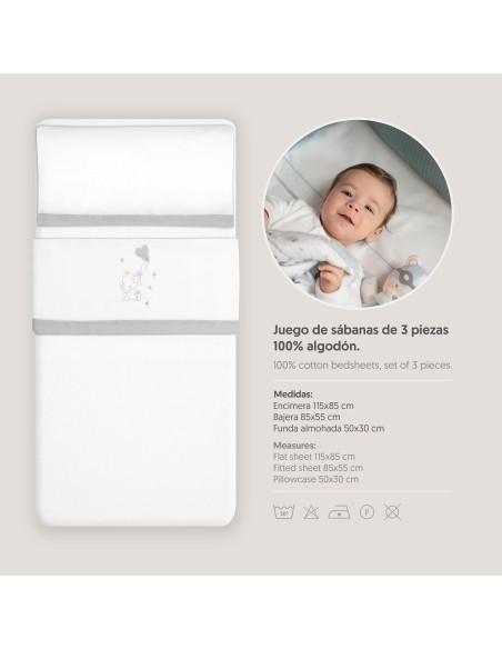 2x1 Juego de sábanas minicuna franela elefante globo corazon bco/gris