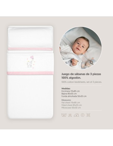 2x1 Juego de sábanas minicuna franela elefante globo corazon bco/rosa