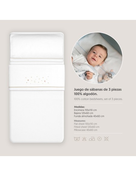 2x1 Juego de sábanas cuna franela estrellas luna bco/beig