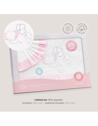 2x1 Juego de sábanas cuna franela oso elefante globos bco/rosa