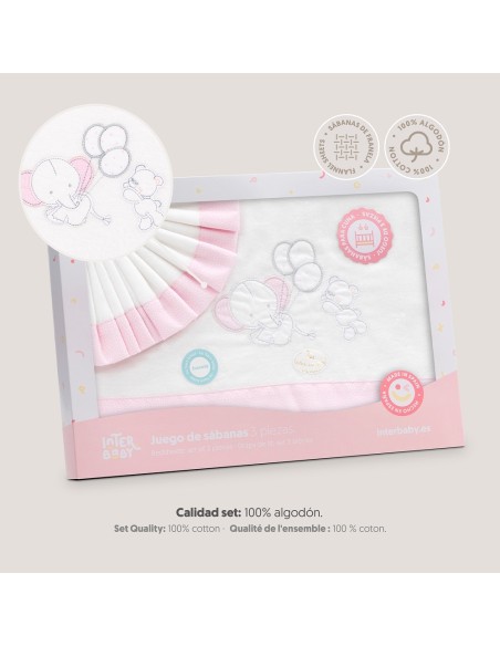 2x1 Juego de sábanas cuna franela oso elefante globos bco/rosa